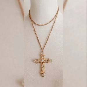 Vintage 90s Oversized Goldtone Rhinestone Cross Pendant Necklace - Bild 1 von 4