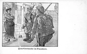 GERMAN MILITARY POSTCARD: SOLDIERS LOOKING FOR ACCOMMODATION IN FLANDERS - Picture 1 of 2