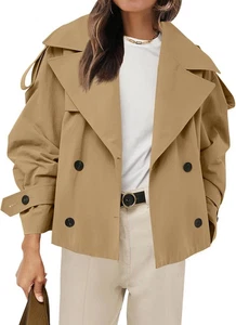 Trench coat recortado para mujer chaqueta corta de doble botonadura ropa exterior con cinturón - Imagen 1 de 6