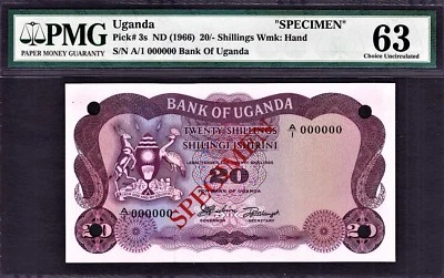 Uganda 20 Shillings ND (1966) SPECIMEN Pick-3s Ch UNC PMG 63 - Image 1 of 2
