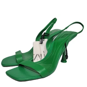 Zara Sling Back Heels Sandals Open Toe Green Leather 3.5" Womens US 7.5 NWT - Picture 1 of 6