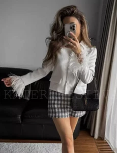 ZARA ZW COLLECTION SHORT BLAZER WITH FEATHERS ECRU NEW SS24 SIZE M REF. 2853/948 - Picture 1 of 5