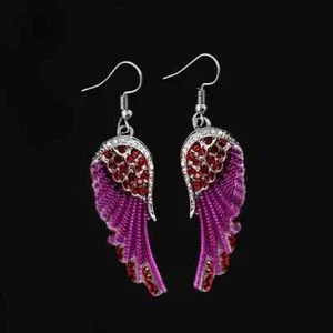 Divine Angel Wings Purple Dangle Earrings, Stylish Crystal Sparkle - Picture 1 of 3