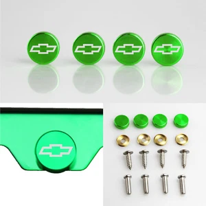 Laser Etched 4 Green Aluminum Chevrolet License Plate Frame bolts Screws Cap - Picture 1 of 6
