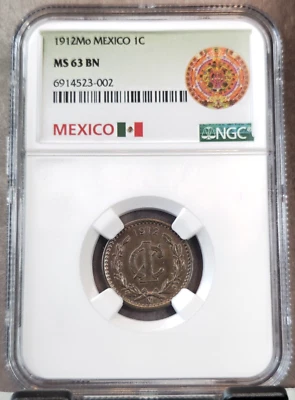 1912 MEXICO 1 CENTAVO NGC MS 63 BN SCARCE MINT STATE COIN - Image 1 of 3