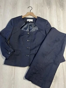 Jones New Your Navy Paisley Jacquard Square Neck Jacket & Skirt Suit Set Sz 4 - Picture 1 of 10