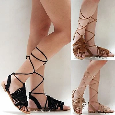 Nuevas sandalias planas con cordones envolventes de gladiador con flecos beige tostado negro FFe77 para mujer Foto 1 de 4