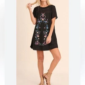 Umgee Floral Embroidered Black Tunic Dress Lined Boho Crochet Cotton Size S - Picture 1 of 14