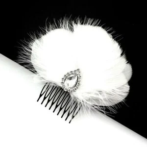 White Feather Wedding Decorative Hair Comb with Rhinestones - Picture 1 of 1