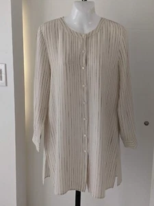 Eileen Fisher NWOT $248 100% silk bone striped button front tunic M - Picture 1 of 13