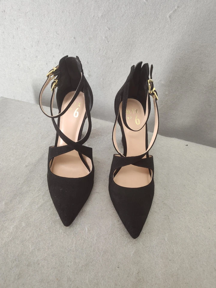 Mix No. 6 Zapatos de salón para mujer 7M negros con tiras tacón bloque hebilla dorada gamuza elegante zapato Foto 1 de 4