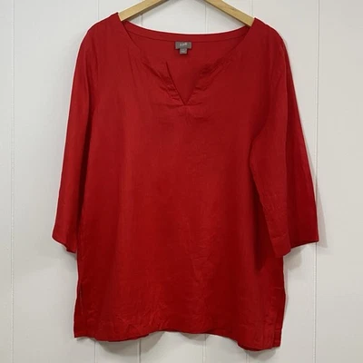 Top Jill Mujer Grande Rojo 100% Lino Manga 3/4 Cuello en V Playa Ligero Foto 1 de 4