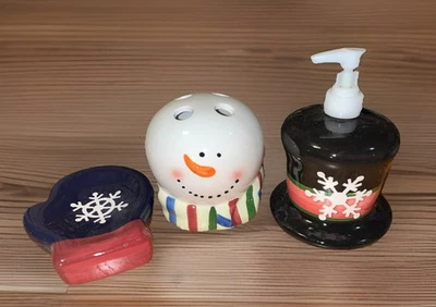 Muñeco de Nieve Baño Cerámica Baño Decoración Navidad Set Cepillo de Dientes Dispensador Jabonera Foto 1 de 4