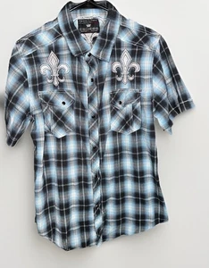 Pop Icon Abbigliamento Uomo Grande Blu Plaid Western Camicia Ricamata Snap Perla - Foto 1 di 6