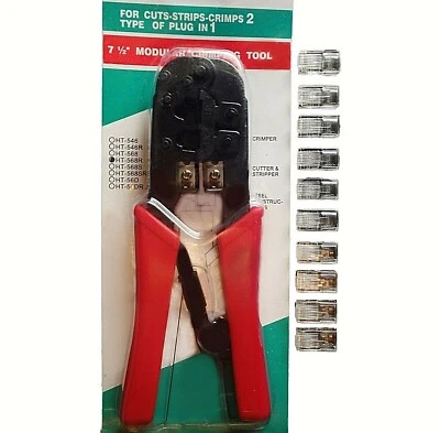 RJ45 Crimper Stripper Cutter for 8 and 6 Position Plugs plus 10 RJ45 Mod Plugs  - Image 1 of 4