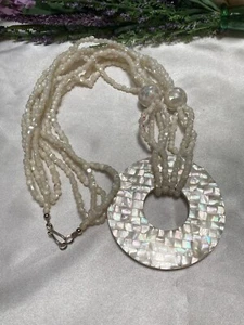 Vintage Mosaic White Mother of Pearl Pendant Multi-Strand Bead 29" Necklace - Picture 1 of 11