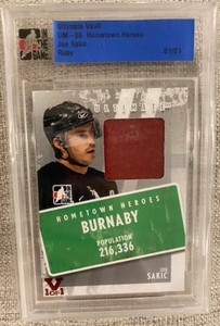 Joe Sakic ITG Ultimate Vault 1/1 on UM9 Hometown Heroes Jersey Ruby Logo