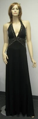 Sue Wong black beaded evening dress gown long halter 10 Cocktail Gold Designer - Image 1 of 4