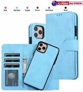 Removable Leather Magnetic Wallet Case For iPhone 16 15 14 13 12 11 Pro Max XS 8 - Picture 1 of 95