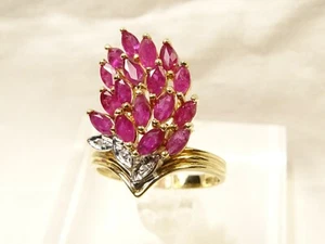 Atemberaubender einzigartiger Statement-Ring Marquis Rubin Feder & Diamant 10 K Gold Größe 7,5  - Bild 1 von 12