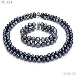 elegant 7-8mm black natural freshwater pearl necklace/bracelet set - Picture 1 of 4