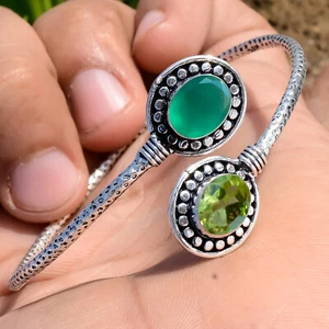 Green Onyx, Peridot Gemstone Man's Bracelet 925 Sterling Silver Party Wear Cuff - Picture 1 of 8