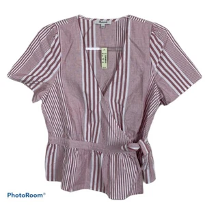 NWT Madewell J7930 Red White Wrap Shirt Size L Ruffle Hem - Picture 1 of 7