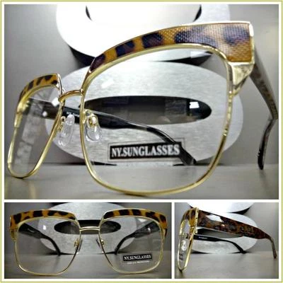 CLÁSICO VINTAGE RETRO OJO DE GATO Estilo Lente Transparente Gafas Marco Dorado y Leopardo Foto 1 de 4