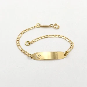 Solid 18k Gold Id Nameplate Moon Star Figaro Link Baby Child Bracelet Italy New - Picture 1 of 5