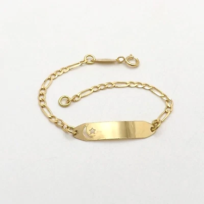 Solid 18k Gold Id Nameplate Moon Star Figaro Link Baby Child Bracelet Italy New - Image 1 of 4