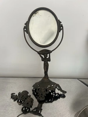 Antique Art Nouveau Beveled Mirror Held By A Cast Iron Victorian Lady READ - Image 1 of 4