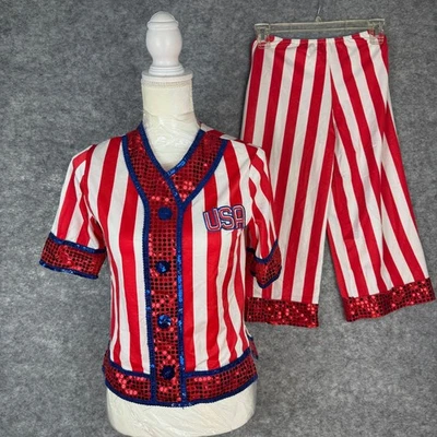 EE. UU. Rojo Blanco Rayas Adulto Pequeño Lentejuelas Disfraz Conjunto Béisbol Payaso Patriótico Foto 1 de 4
