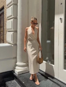ZARA NWT WOMAN ZW COLLECTION MIDI HALTER DRESS BEIGE | 3087/455 _M - Picture 1 of 15