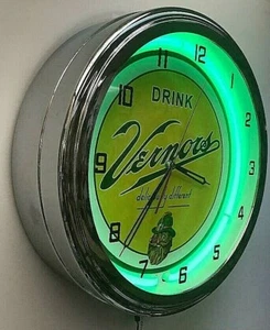 16" VERNORS Deliciously Different Ginger Ale Sign Green Neon Clock - Picture 1 of 2