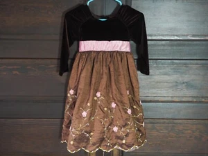 VTG Girls Brown Pink Floral Velvet Taffeta Party Bow Embroider Dress Sz 5/6 - Picture 1 of 7