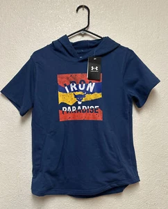 NWT Under Armour Project Rock Terry Boy's Short Sleeve Blue Hoodie Sz L - Picture 1 of 6