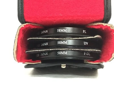 Set of three Merkury Optics 58 mm filters FD PL UV with case Made In Japan - Image 1 of 4