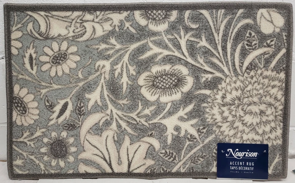 ALFOMBRA DE NYLON IMPRESA (antideslizante)(18x30") FLORES BLANCAS SOBRE GRIS, bordes grises, sin precio base Foto 1 de 4