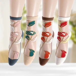 Women Transparent Flower Lace Socks Crystal Silk Short Ankle Thin Socks Summer - Picture 1 of 24