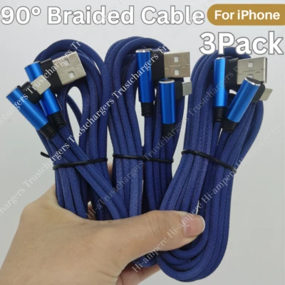 3Pack 90 Degree Elbow USB Charger Cable 10FT For iPhone 13 8 6 5 X Charging Cord - Image 1 of 4