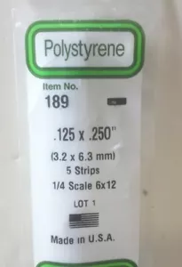 Evergreen Scale Models Plastic 189 - .125" x .250" x 14" - 5 Styrene Strips - Picture 1 of 2
