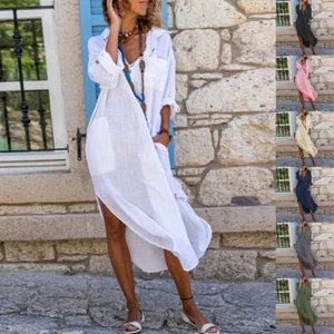 Women Long Sleeve Midi Dress Kaftan V Neck Baggy Casual Split Robe Shirt Dresses - Picture 1 of 27