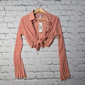 Urban Outfitters UO Blush Coral Pink Rachel Plisse Tie Front Crop Top New Small - Picture 1 of 11