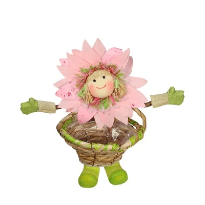 Northlight 15" Pink Green Tan Spring Floral Sunflower Girl Basket Figure - Image 1 of 2