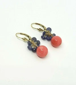 14k Yellow Gold Fill Tanzanite and Pink Coral Cluster Waterfall Dangle Earrings - Picture 1 of 4