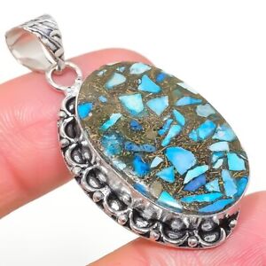 Copper Blue Turquoise Gemstone 925 Sterling Silver Jewelry Pendant 1.85"
