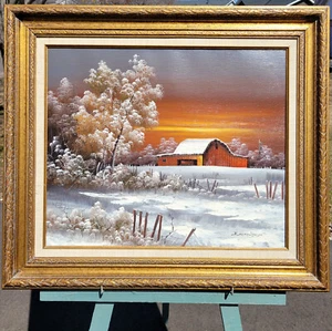 Signed Everett Woodson Original Oil Sunrise Barn Scene 32" x 28" Framed Canvas - Picture 1 of 11