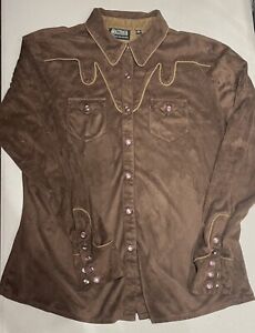 Vntg Outback Trading Womens Size L Faux Suede Western Pearl Snap Button Up Shirt