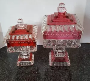 VINTAGE TWO WEST MORELAND RUBY RED CLEAR GLASS PEDESTAL COMPOTES WITH LIDS - EUC - Picture 1 of 12
