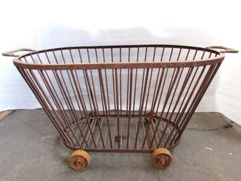 Antique Wide Bakery Basket Wrought Iron Wheels. A3172 Cover